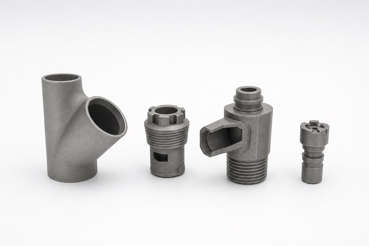 Metal component examples with branching, threaded and flange features