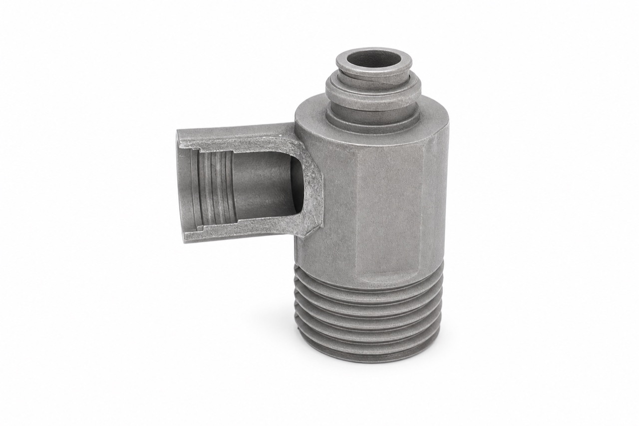 Threaded metal housing with a side opening and stepped upper section