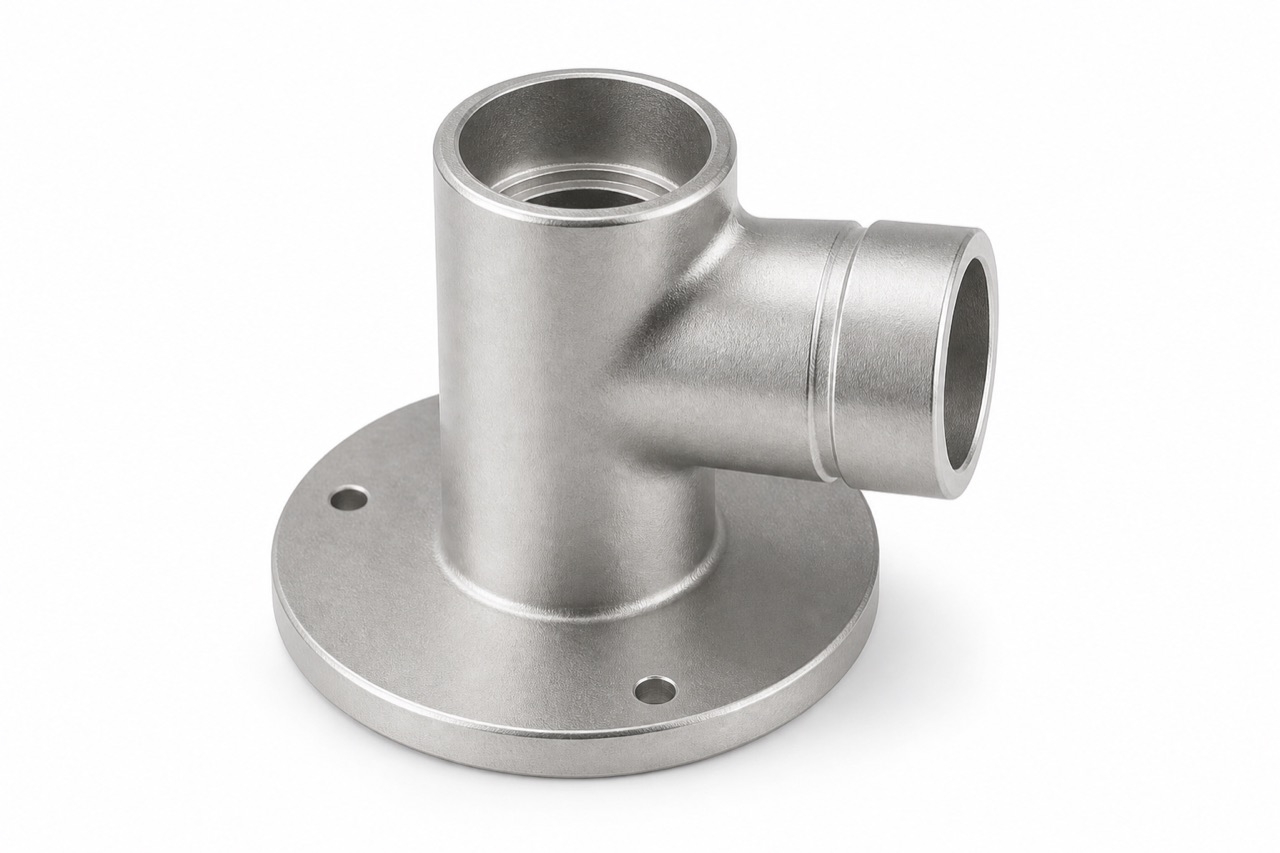 Metal fitting showing its surface texture, edges, and mounting faces
