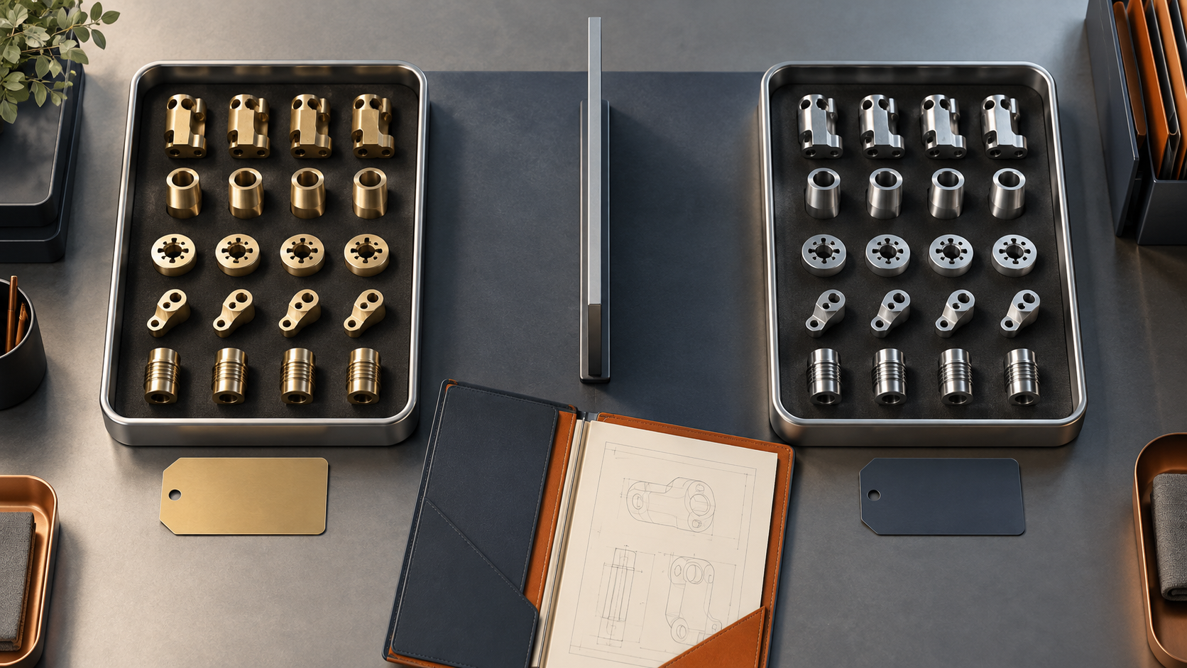 Separated brass and stainless sample trays with distinct stock identity tags