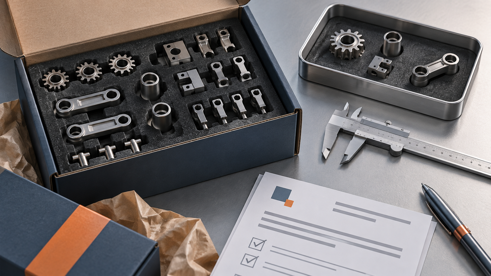 Finished components in protective packaging beside receiving records