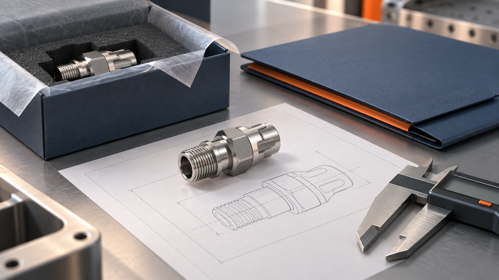 A finished connector with its drawing, inspection tool and protective package