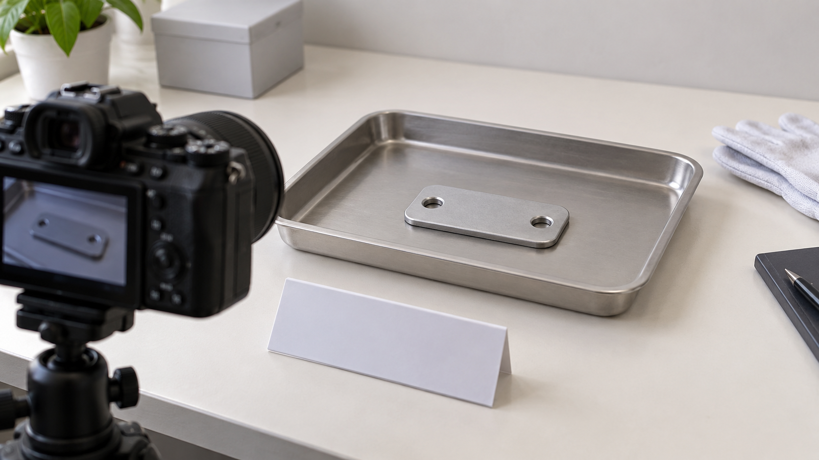 Camera positioned to photograph a metal plate in a separate inspection tray