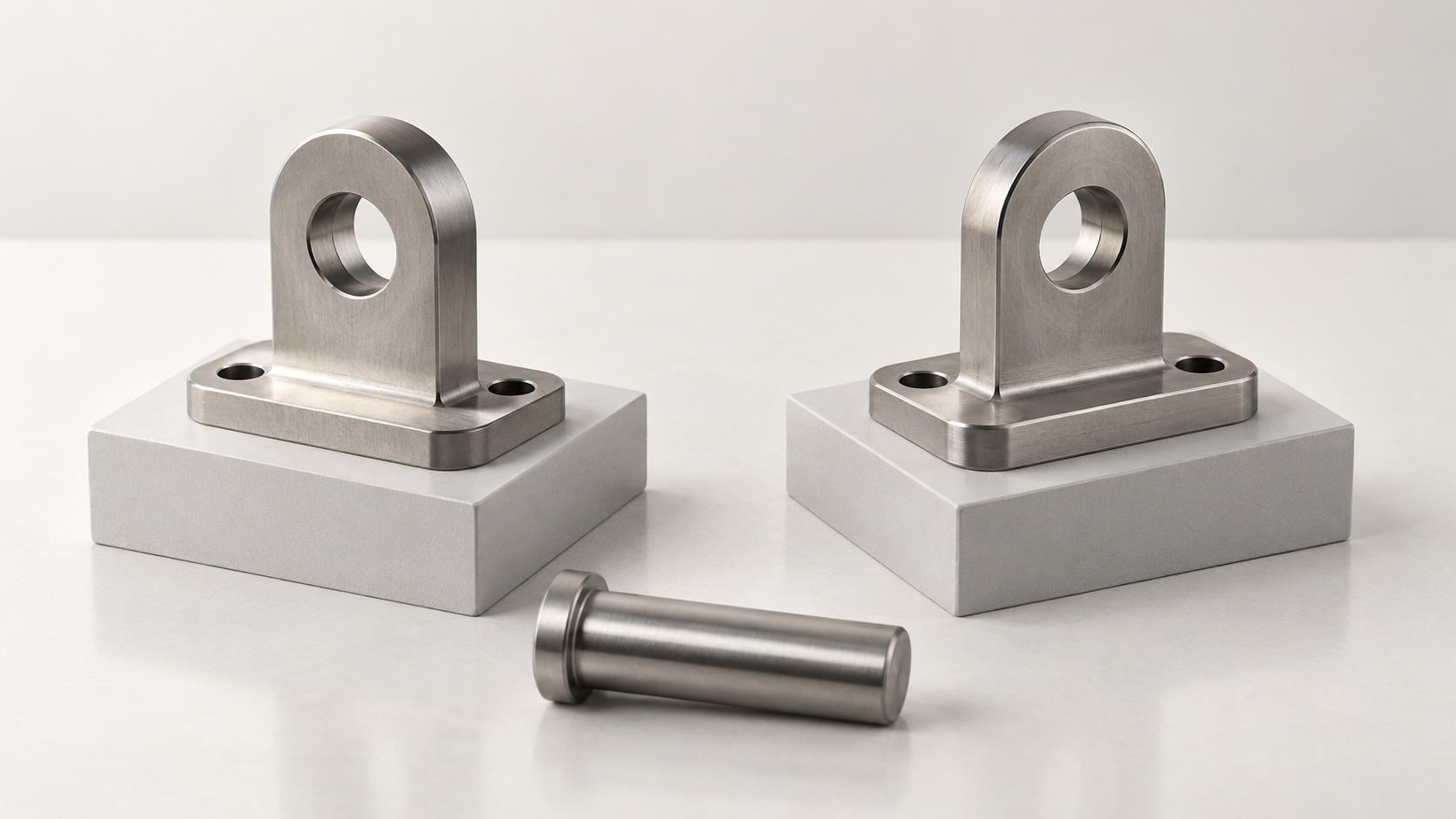 Two metal mounting lugs on separate stands with a pin placed in front