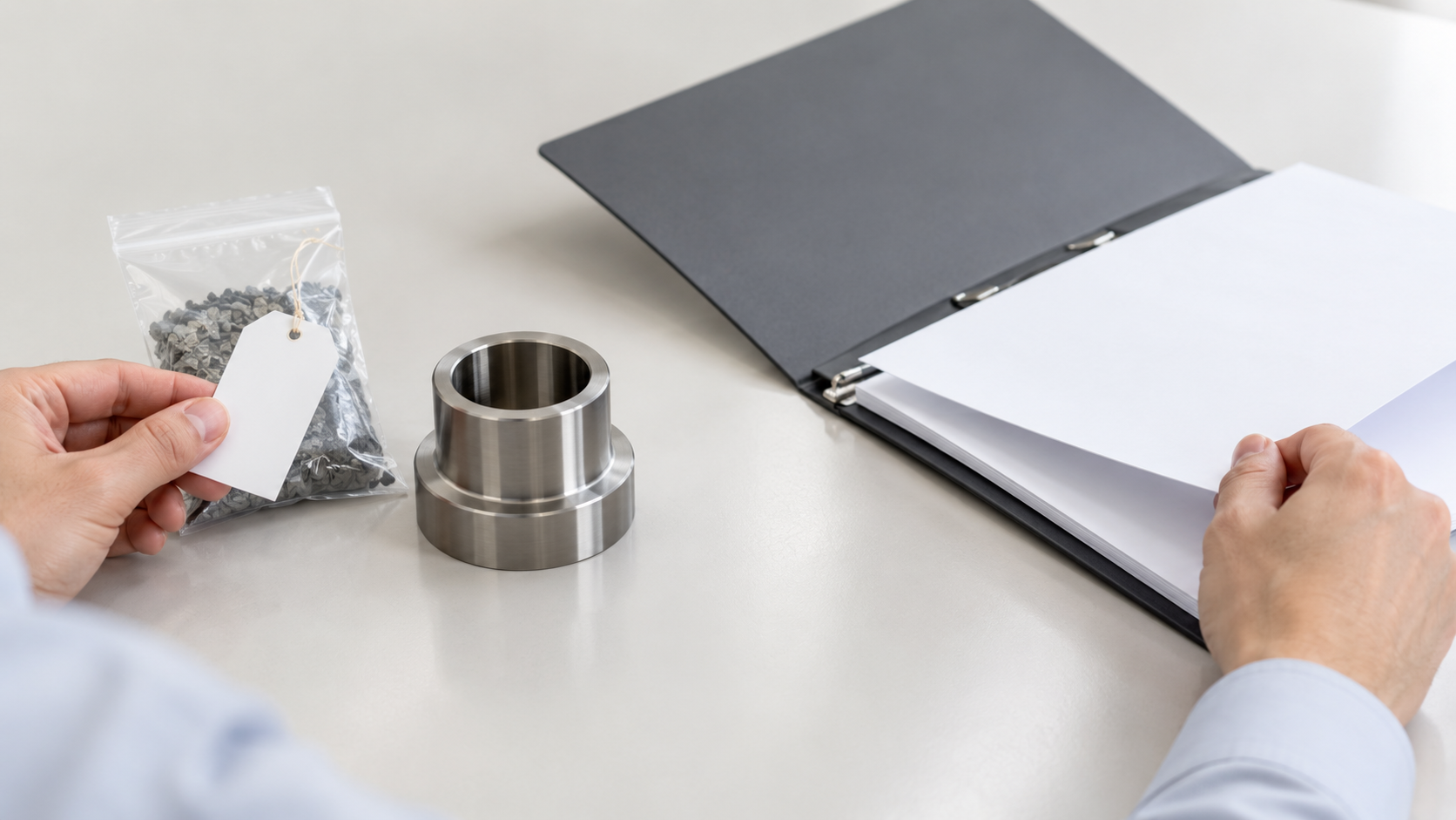 A stepped metal bushing beside material samples and an open document folder