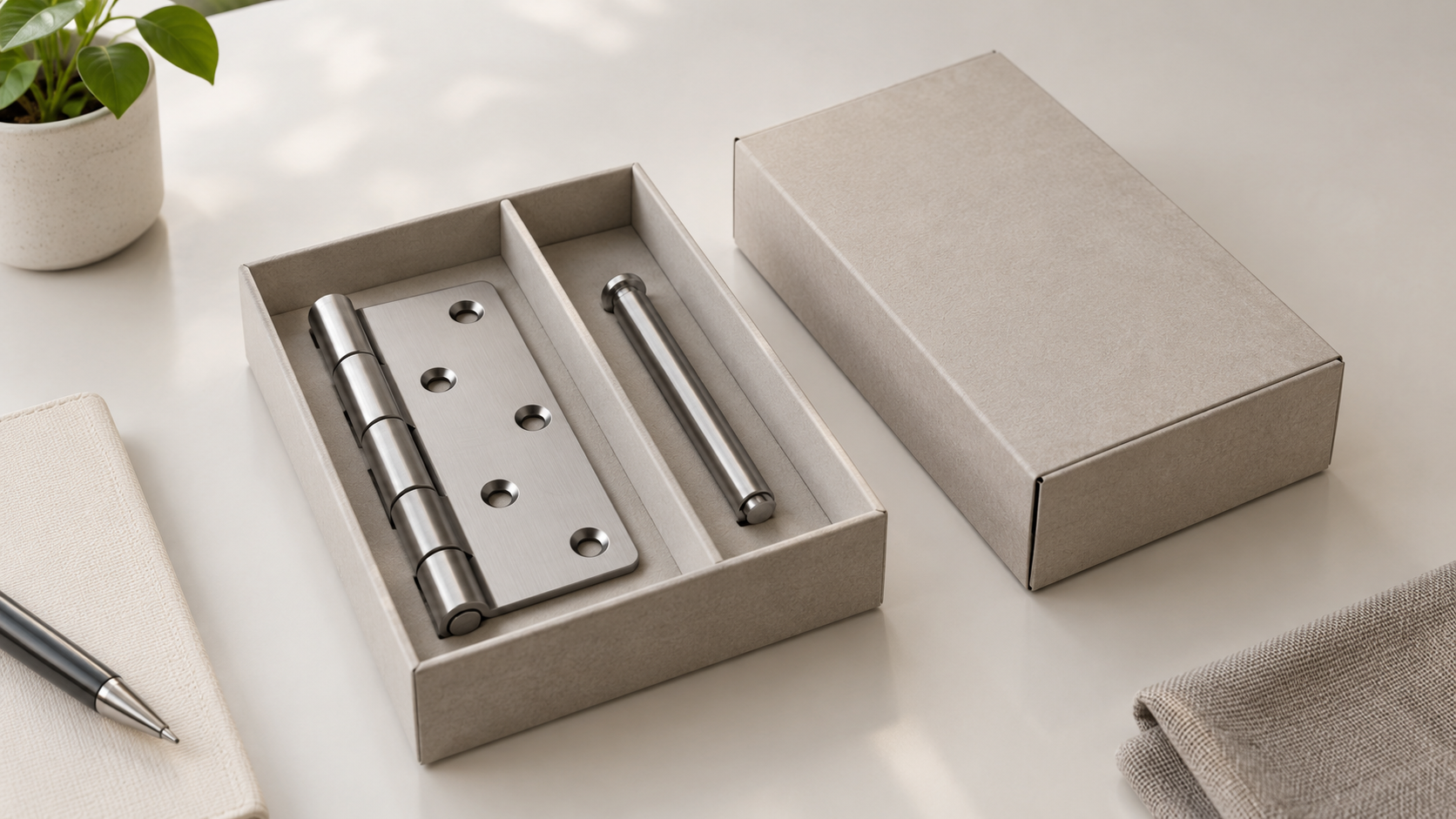 A metal hinge and separate pin protected in a divided storage box