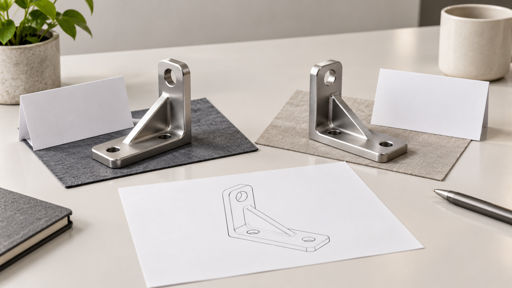 Two ribbed metal brackets on separate mats beside an outline drawing